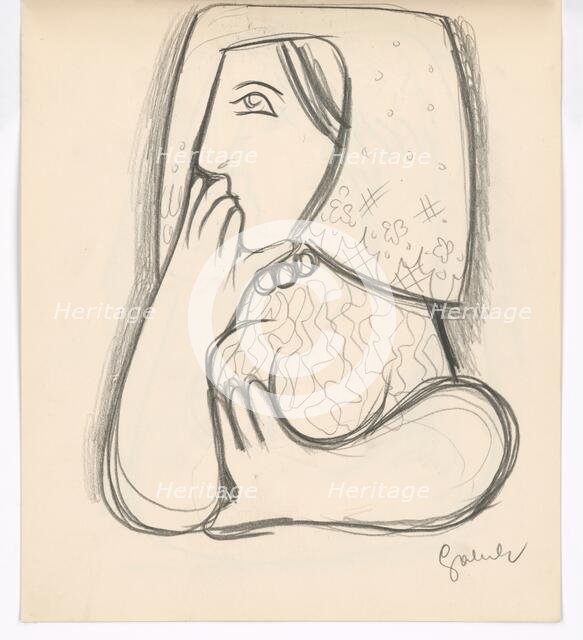 Woman in a flowered scarf with her chin supported, 1938. Creator: Mikulas Galanda.