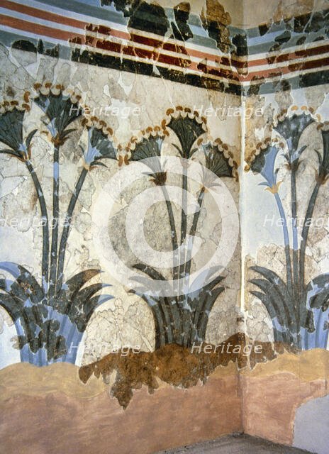 Papyrus Fresco, Room of the Ladies, Museum of Prehistoric Thera, Akrotiri, Thera (Santorini), 2000.  Creator: LTL.