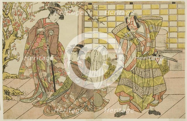 The Actors Ichikawa Danjuro V as Miura Kunitae (right), Segawa Kikunojo III as Yasukata..., c. 1782. Creator: Shunsho.