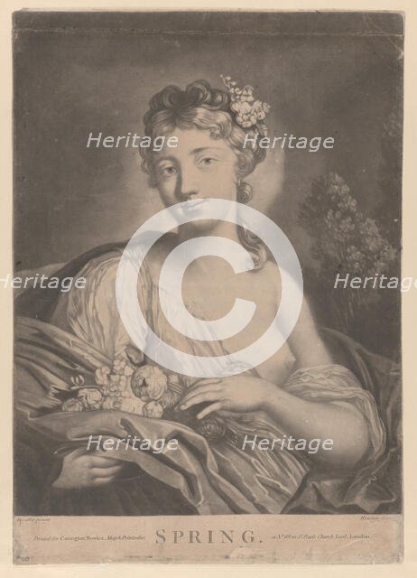 Spring: a young woman holding flowers in her cloak, 1775. Creator: Richard Houston.
