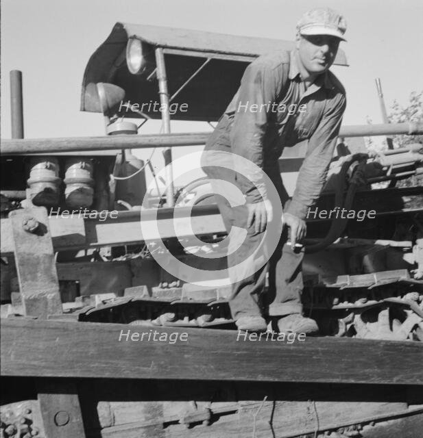 Possibly: Bulldozer raises and pushes stump on cut-over farm, Lewis County, Western Washington, 1939 Creator: Dorothea Lange.