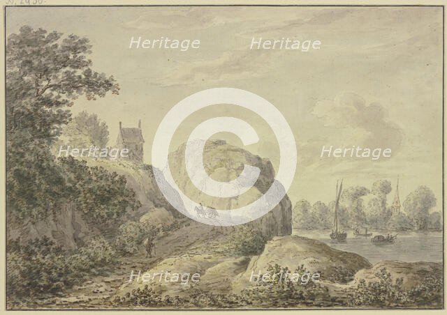 Rocky bank of a river, a chapel in the upper left.. Creator: Hendrik Tavenier.