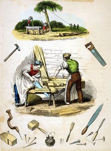 Carpenters at work, surrounded by various tools, c1845. Artist: Unknown