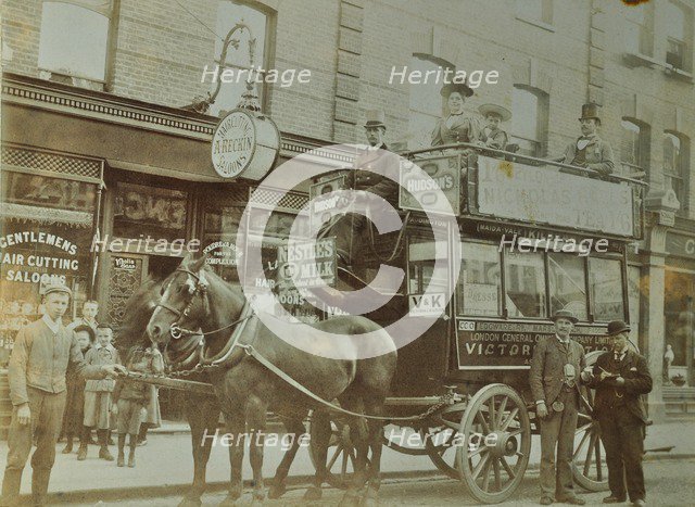 Horse-drawn omnibus and passengers, London, 1900. Artist: Unknown.