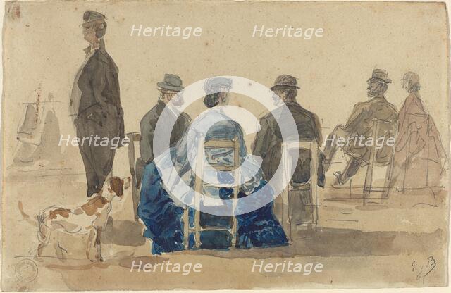 Ladies and Gentlemen Seated on the Beach with a Dog, 1866. Creator: Eugene Louis Boudin.