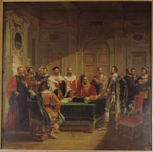 Esquisse pour l'ancien Hôtel de Ville de Paris : Brissac négociant auprès des échevins..., c.1827. Creator: Jean-Baptiste Messier.