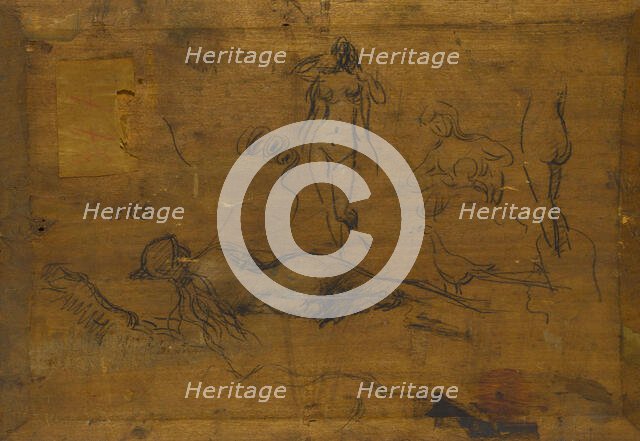 Fillette au ruban bleu (recto) / Cinq études de nus, un paon et une tête de profil (verso), 1865. Creator: Jean Jacques Henner.