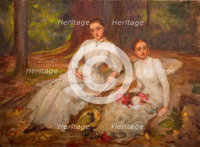 Two women in white seated in wooded glade, 1900. Creator: Louisa Starr.