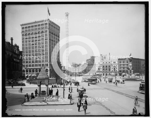 Woodward Avenue at the Campus Martius, Detroit, between 1890 and 1901. Creator: Unknown.