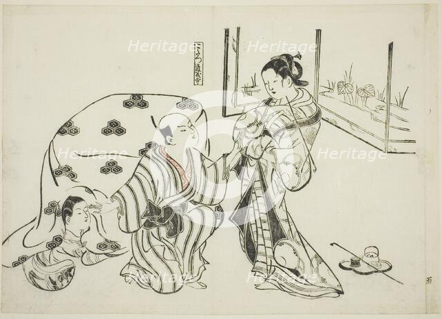 Kotatsu Dojoji, no. 5 from a series of 12 prints depicting parodies of plays, c. 1716/35. Creator: Okumura Masanobu.