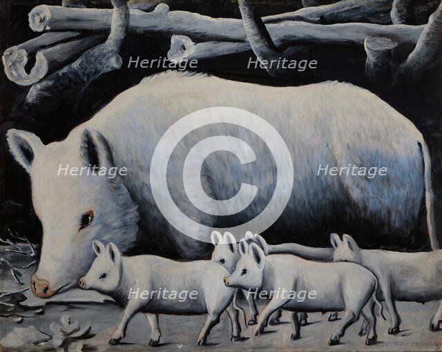 White Sow with Piglets. Creator: Pirosmani, Niko (1862-1918).