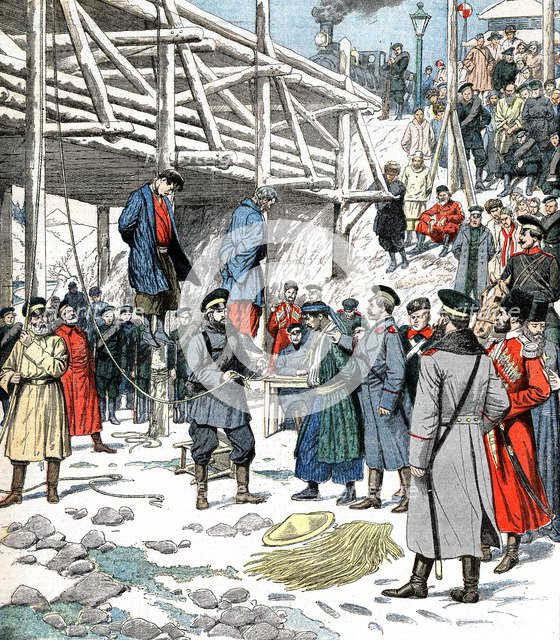 Japanese spies being hanged, Russo-Japanese War, 1904-5. Artist: Unknown