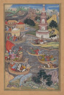 Alexander Fights a Sea Battle, Folio from a Khamsa (Quintet) of Amir Khusrau Dihlavi, 1597-98. Creator: Dharmadas.
