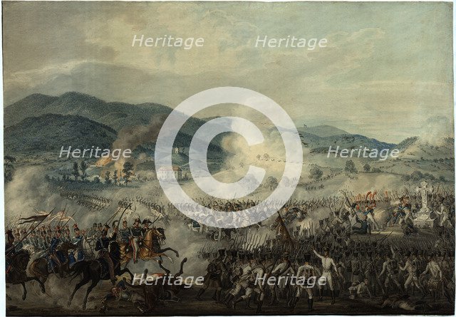 The battle between the Russian-Austrian and French troops.