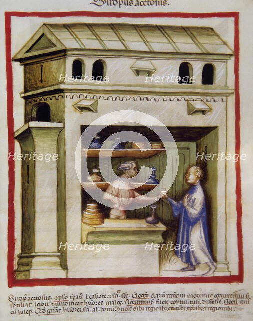 An apothecary gives vinegar syrup to a man, 14th century.  Creator: Unknown.