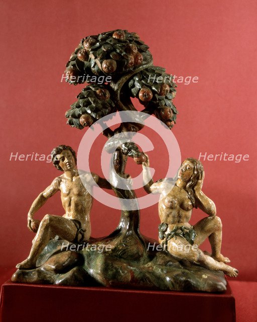 Wood carving representing 'The Dream of paradise with Adam and Eve'.