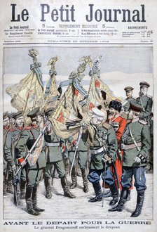 General Dragomirov kisses the flag before troops depart for the Russo-Japanese War, 1904. Artist: Unknown