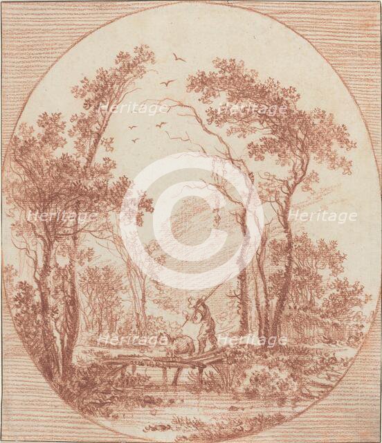 A Farmer and a Sheep Crossing a Rustic Bridge. Creator: Jean Baptiste Le Prince.