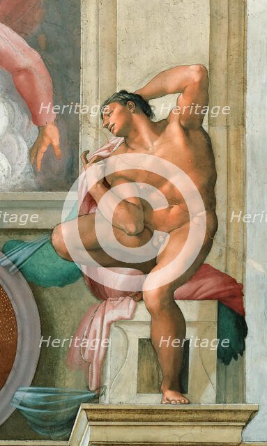 Ignudo (Sistine Chapel ceiling in the Vatican), 1508-1512. Creator: Buonarroti, Michelangelo (1475-1564).