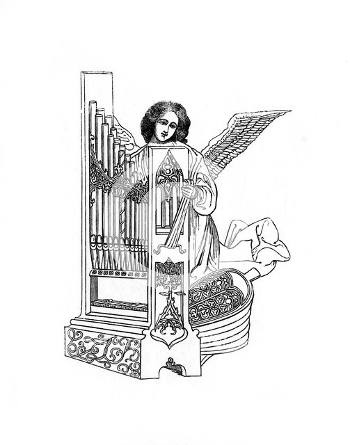 Angel and organ, early 16th century, (1843).Artist: Henry Shaw
