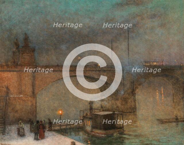 Prague, steamer on the Vltava before the Palacky Bridge, ca 1910-1915. Creator: Schikaneder, Jakub (1855-1924).