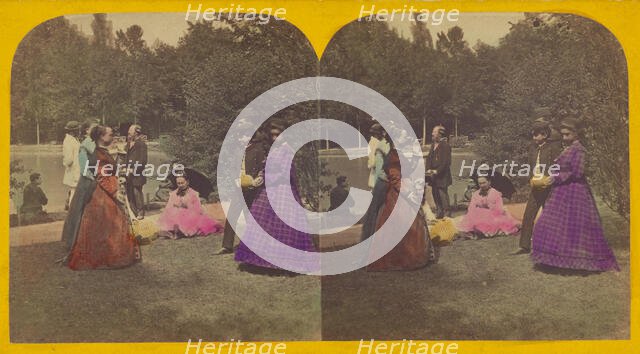 Group of people at a park with a lake, about 1870. Creator: Unknown.