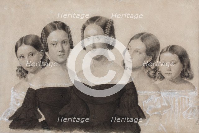 Portrait of Sisters Yelisaveta, Maria, Praskovya, Alexandra and Anna Dyakov, End 1830s. Artist: Anonymous  