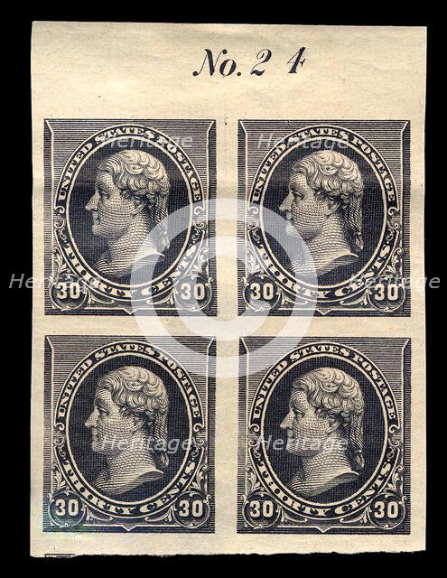 30c Thomas Jefferson proof plate block of four, February 22, 1890. Creator: American Bank Note Company.