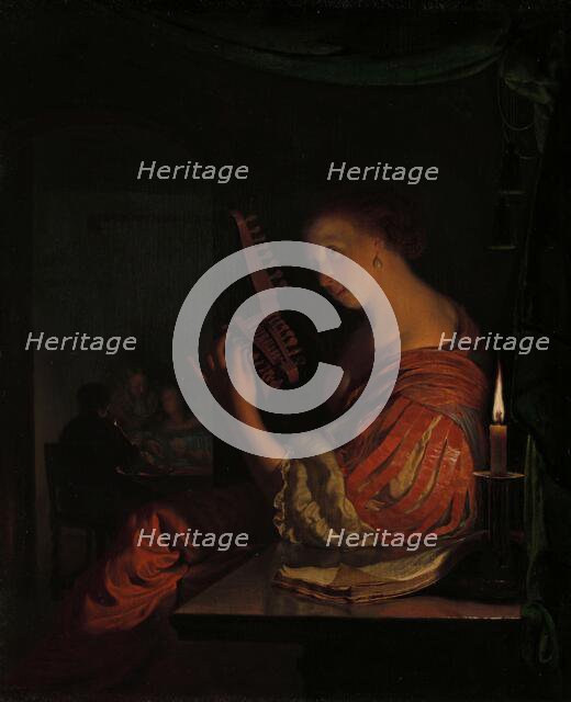 Woman tuning a theorbo, 1665.  Creator: Frans van Mieris I.