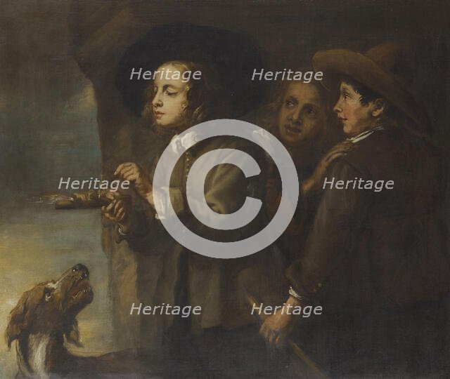 Three boys lighting a stick of gunpowder, 17th century. Creator: Cossiers, Jan, (Circle) (1600-1671).