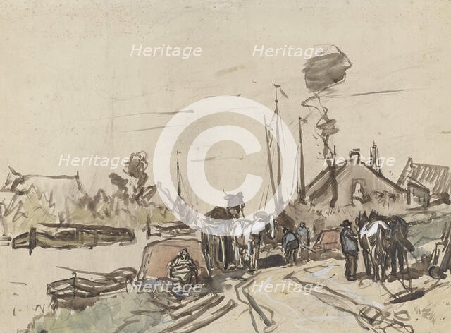 Unloading carts at a canal, 1864-1936. Creator: Johannes Cornelis van Essen.