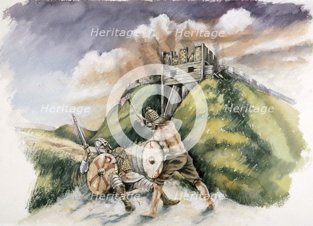 Cynric fighting the Britons at Old Sarum, 552 AD, (c1990-2010). Artist: Peter Dunn.