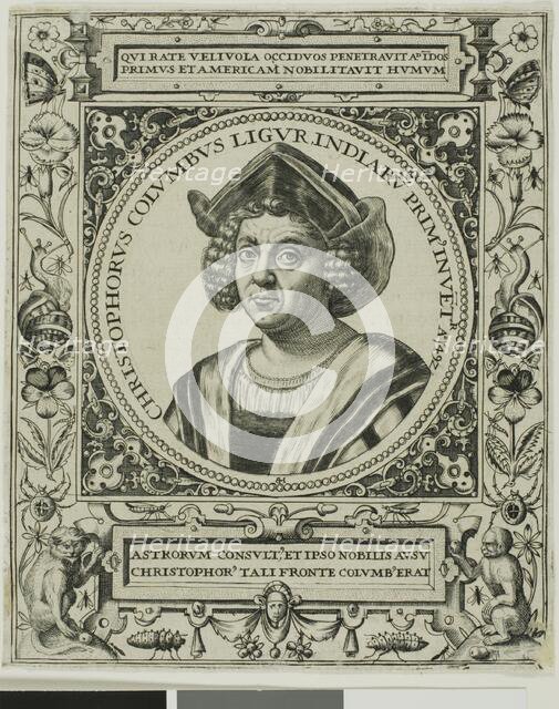 Christopher Columbus, frontispiece from volume 5 of Theodor de Bry's America, 1595. Creator: Johann Theodor de Bry.