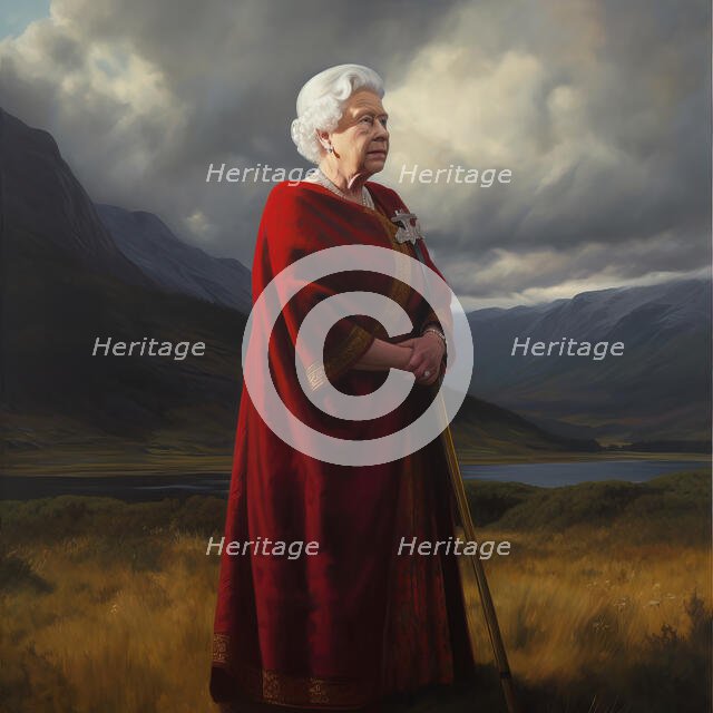 AI IMAGE - Portrait of Queen Elizabeth II in a Highland setting, 2000s, (2023). Creator: Heritage Images.