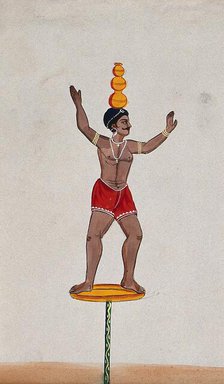 A street performer standing on a disc balancing three pots on his head, (between 1800 and 1899?). Creator: Unknown.