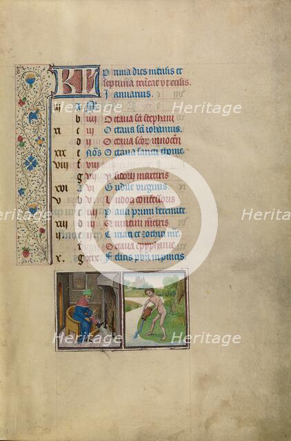 January Calendar Page: Keeping Warm: Aquarius; Arenberg Hours, early 1460s. Creator: Workshop of Willem Vrelant.