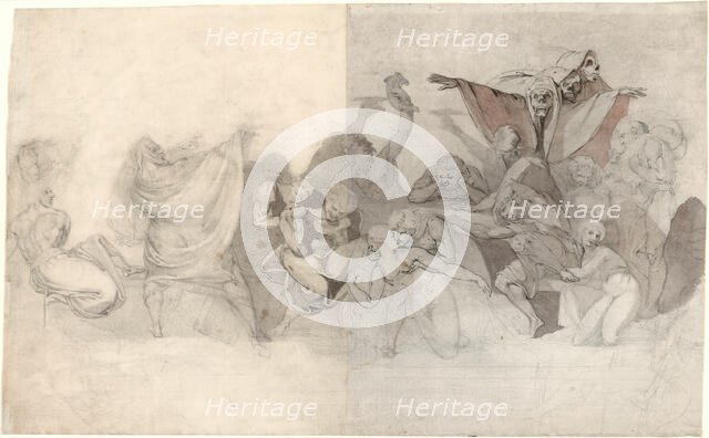 Triumph of Death: Three Skeletons Invading a Bacchanal Orchestrated by a Magician or an..., 1770-71. Creator: Henry Fuseli.