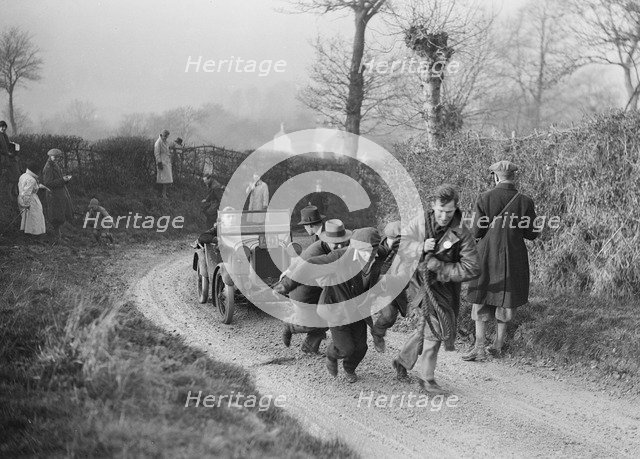 Austin Chummy of CWB Marshall getting a tow at the NWLMC London-Gloucester Trial, 1931. Artist: Bill Brunell.