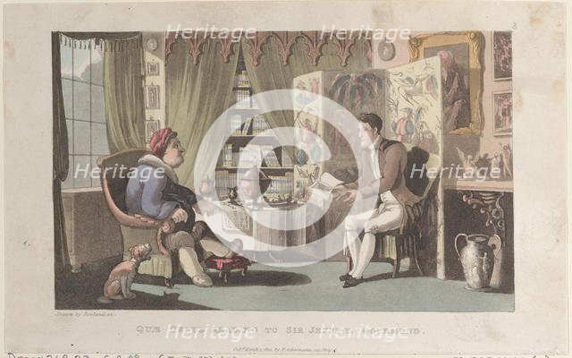 Quae Genus Reading to Sir Jeffery Gourmand, from "The History of Johnny Quae Genu..., March 1, 1822. Creator: Thomas Rowlandson.