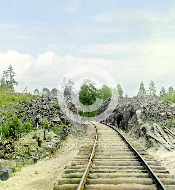 Man standing beside railroad tracks, between 1905 and 1915. Creator: Sergey Mikhaylovich Prokudin-Gorsky.
