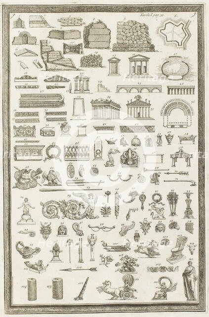 Various Etruscan architectural sculptural designs and carvings, 1769.  Creator: Giovanni Battista Piranesi.