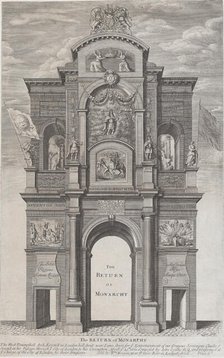 The Return of Monarchy; the first triumphal arch erected for Charles II in his passage thr..., 1662. Creator: David Loggan.