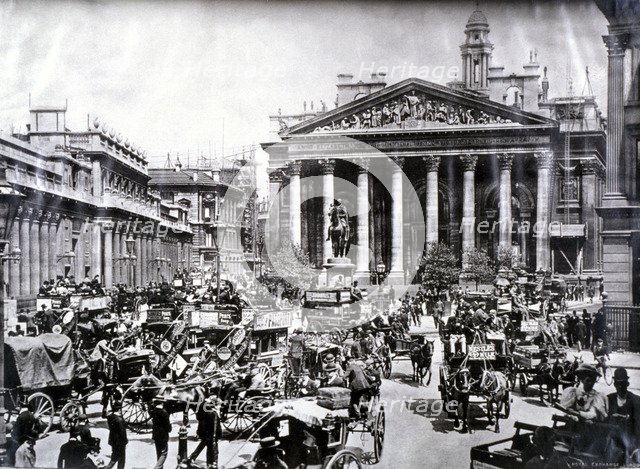 Crowded street scene in front of the Royal Exchange, London, c1900. Artist: Unknown