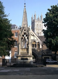 John Hooper Memorial, St Mary's Gate and Gloucester Cathedral, Gloucestershire