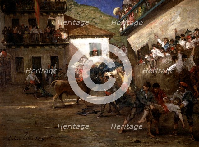  'Bulls in Lezo 1882' oil by Gustave Colin.