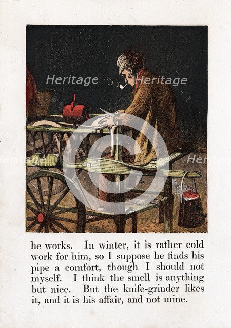 Itinerant knife grinder sharpening a blade by turning a grindwheel with a treadle, c1867. Artist: Unknown