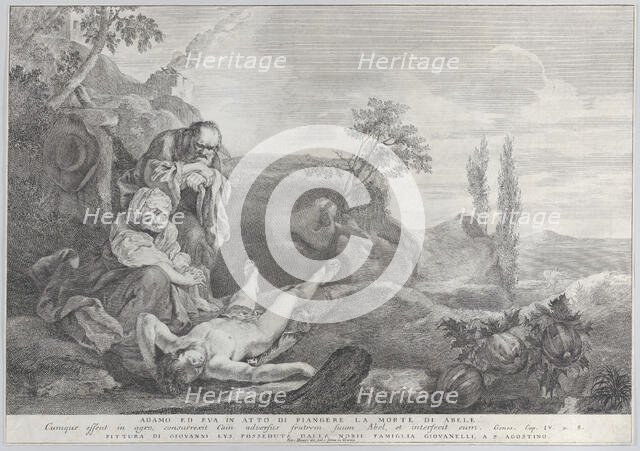 Adam and Eve at left, as an elderly couple, mourning over the corpse of Abel who lies i..., 1743-63. Creator: Pietro Monaco.