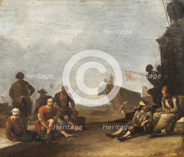 View of the Harbour of Livorno, with Figures, a Ship and the Statue of Ferdinand I..., after 1644. Creator: Johannes Lingelbach.