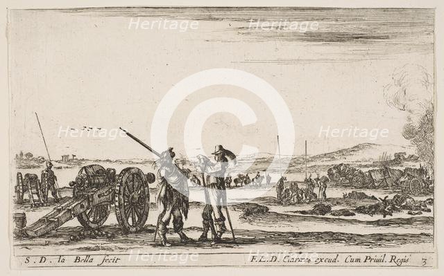 Plate 3: An officer giving orders to a soldier in centre foreground, cannon at left, f..., ca. 1641. Creator: Stefano della Bella.