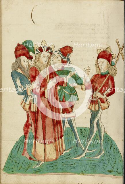 King Avenir with Courtiers Converses with Josaphat; Barlaam und Josaphat, 1469. Creators: Hans Schilling, Diebolt Lauber.